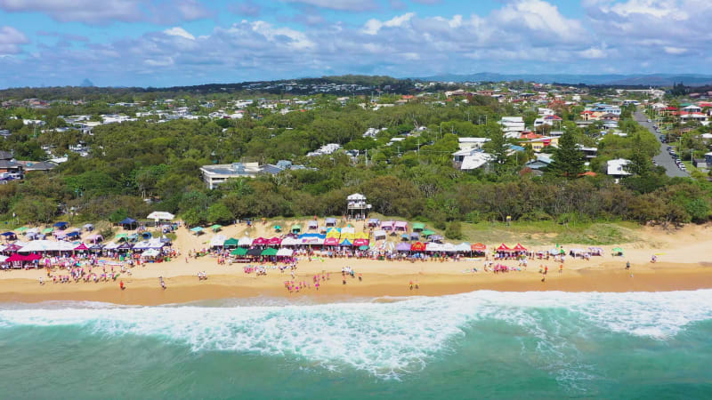 Aerial view of a Surf Lifesaving Carnival, Sunshine Coast, Queensland, Australia.