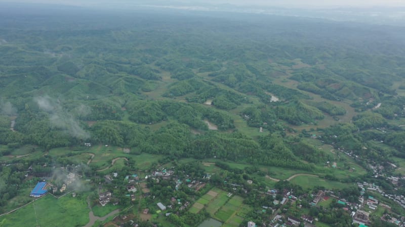 Aerial view of mountain landscape with clouds, Chittagong, Bangladesh.