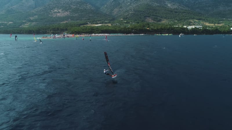 Aerial view of windsurfers during the PWA world cup, Brac, Croatia.