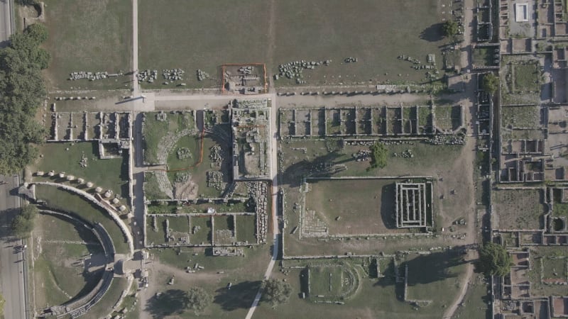 Aerial view of the archeological site in Paestum, Salerno, Campania, Italy.