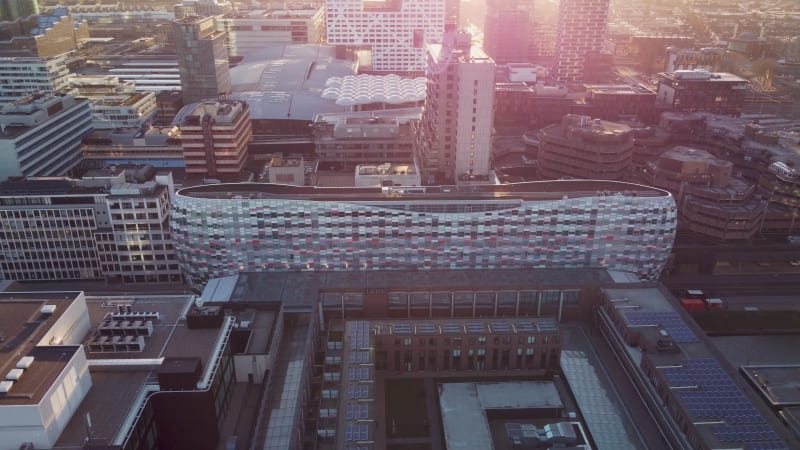 Aerial view of the beautiful modern architecture of buildings in the city center of Utrecht, Netherlands