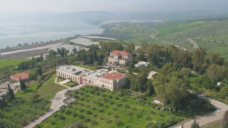 Sea of Galilee, Israel - 1 March 2022: Aerial view of the Mount of Beatitudes.