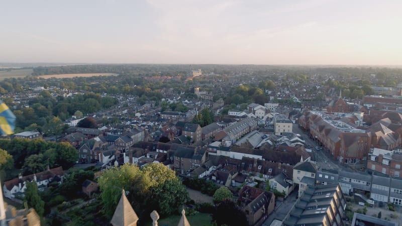 Sunrise Aerial View of the City of St Albans and its Cathedral in England