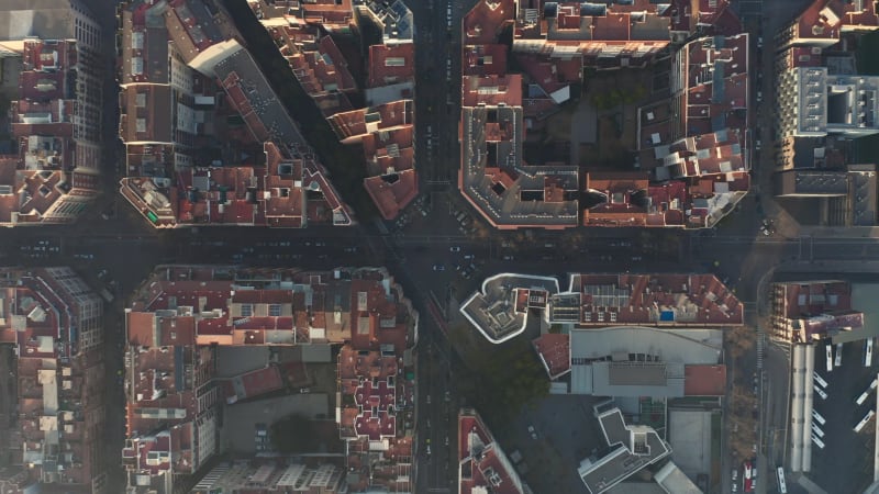 Overhead Drone Shot of Typical City Blocks in Barcelona, Spain in beautiful Sunlight