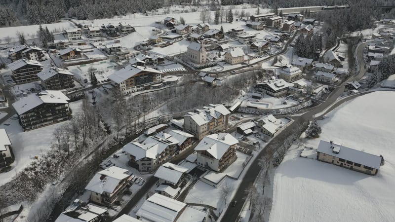 Winter Aerial View of Flachau Village Center, Austria