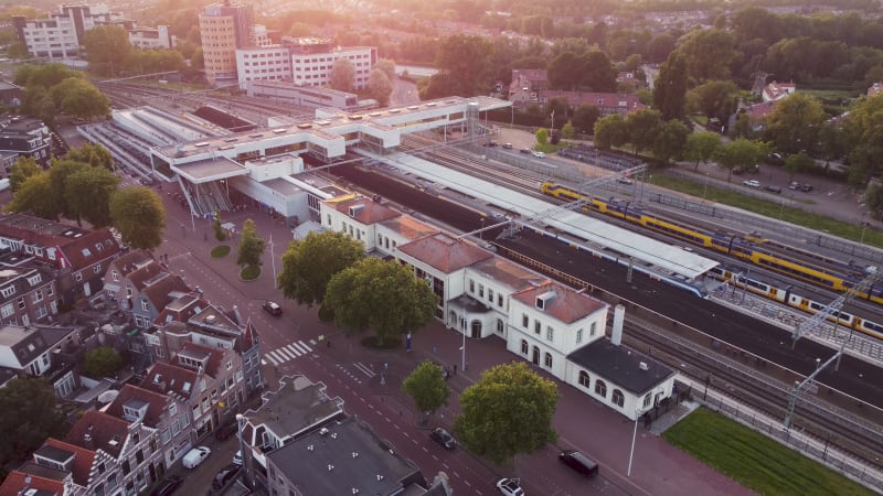 Trains at the Alkmaar railway station in Alkmaar City, North Holland Province, The Netherlands.