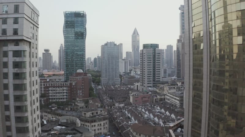 Aerial view of Shanghai city centre district in early morning, China.