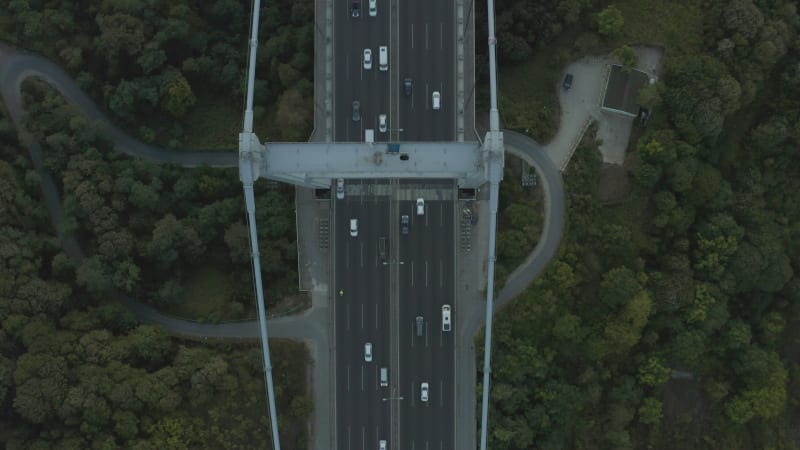 Cars on Bridge surrounded by Trees, Incredible Birds Eye Aerial View forward