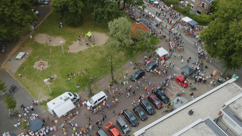 Aerial shot of 2023 International Four Days Marches of Nijmegen city. People walk 50km per day