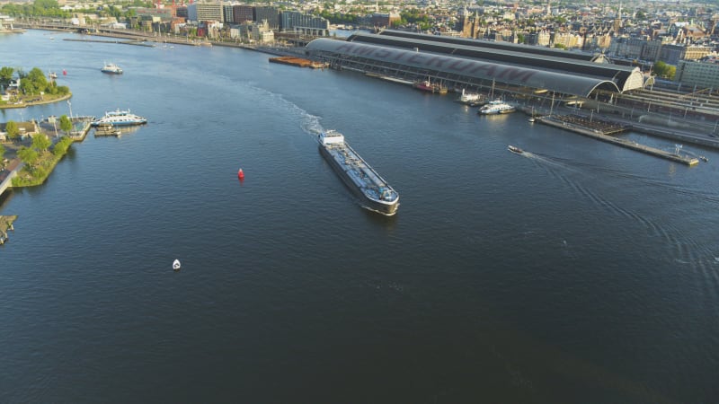 Close up of a tanker passing by Amsterdam central station