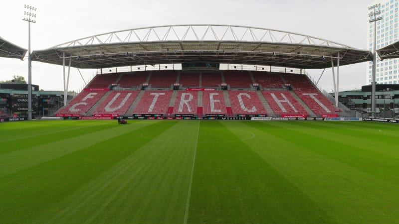 Aerial shot of the soccer field of FC Utrecht in the Galgenwaard stadium