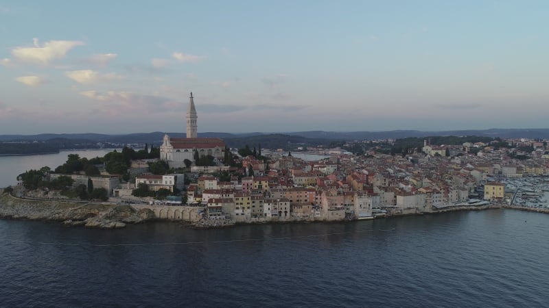 Aerial view of Rovinj old town at sunset, Istria, Croatia.