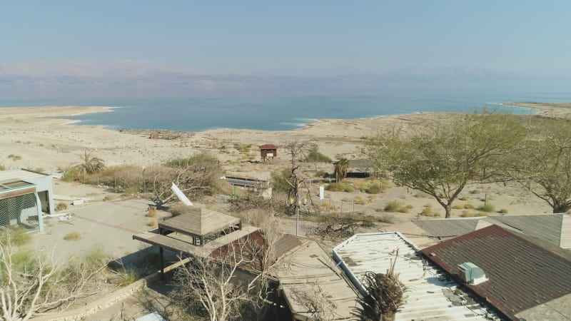 Aerial view of ruins on desert along seashore, Dead sea, Negev, Israel.