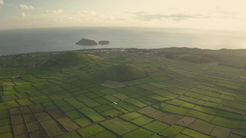 Aerial view of two volcano with plantation field on Terceira Island.