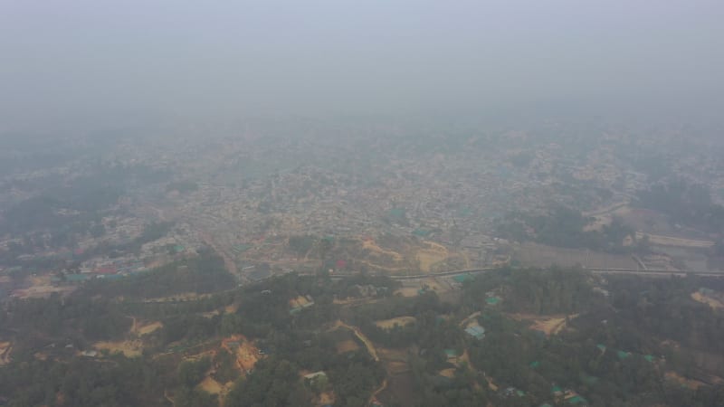 Aerial view of a huge refugee camp with makeshift houses, Ukhia, Bangladesh.