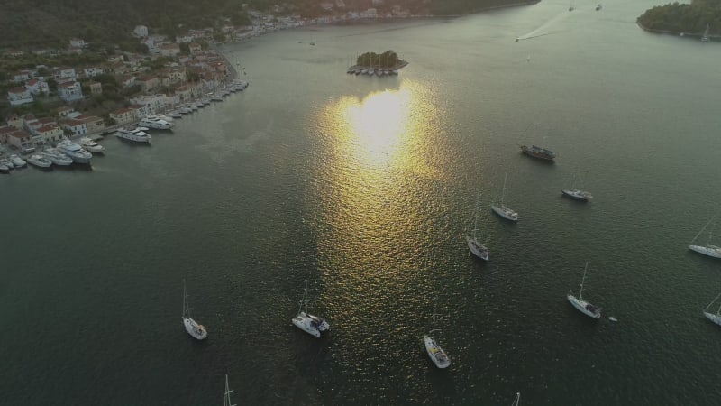 Aerial view of harbor on the bay at mediterranean sea.