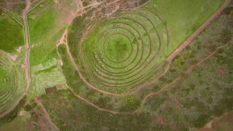 Aerial close up view of terraced circular depressions of Moray.