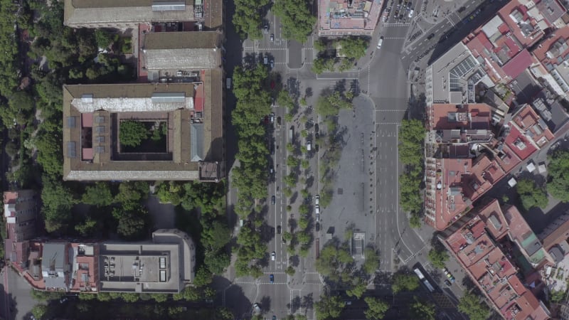 Cars Driving Through Barcelona City During the Summer Bird's Eye View