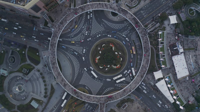 Aerial view of a complex roundabout in Shanghai Downton, China.