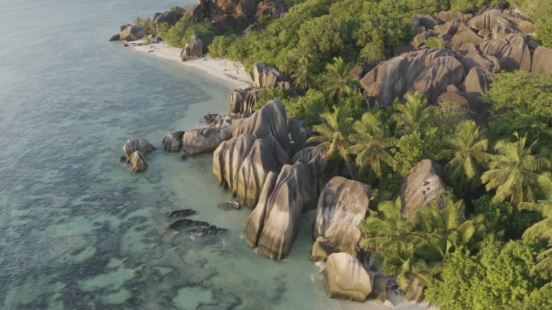 Aerial view of a beach, La Digue and Inner Islands, Seychelles.