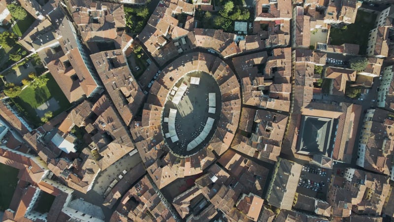 Aerial view of Piazza dell'Anfiteatro, Lucca old town, Tuscany, Italy.