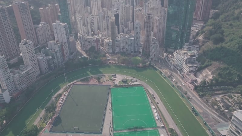 Hong Kong Jockey Club Racecourse and Happy Valley. Aerial drone view