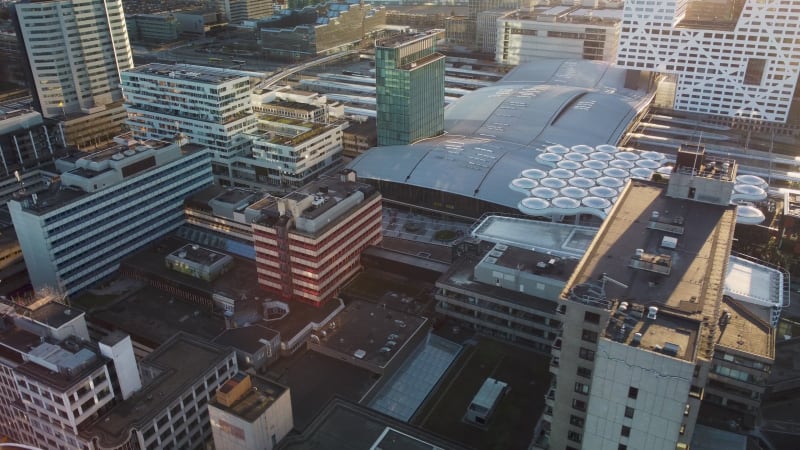 Moving overview of modern office building structures in Utrecht city center, the Netherlands.