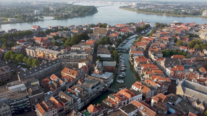 Buildings and water canals in a residential area of Dordrecht, South Holland, Netherlands.