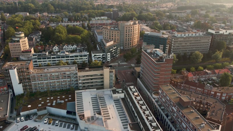 Multi-story buildings and roads on a summer day in Dordrecht, South Holland, Netherlands