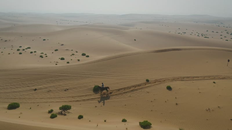 Aerial view of one person riding horse in the desert of Al Khatim.