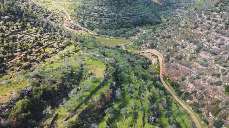 Aerial View of natural formation in the hills with paths, al-Bireh Governorate.