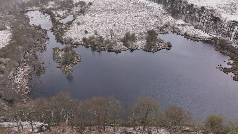 Aerial view of nature area Witte Veen with snow, Twente, Overijssel, Netherlands.