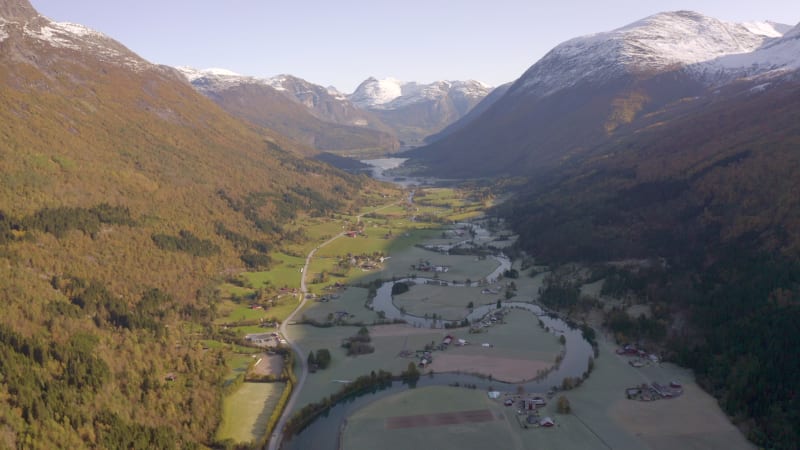 Stryn Town and Valley With Beautiful Winding River in the Early Morning