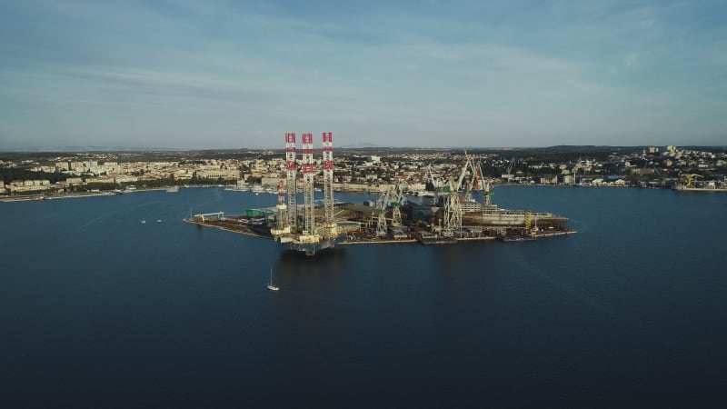 Aerial view of Pula harbour and a shipyard, Pula, Istria, Croatia.