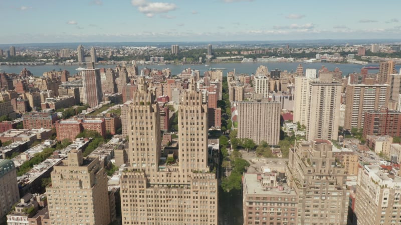 Typical New York City Apartment Buildings in Brown Beige Color first row by Central Park in Summer, Aerial View