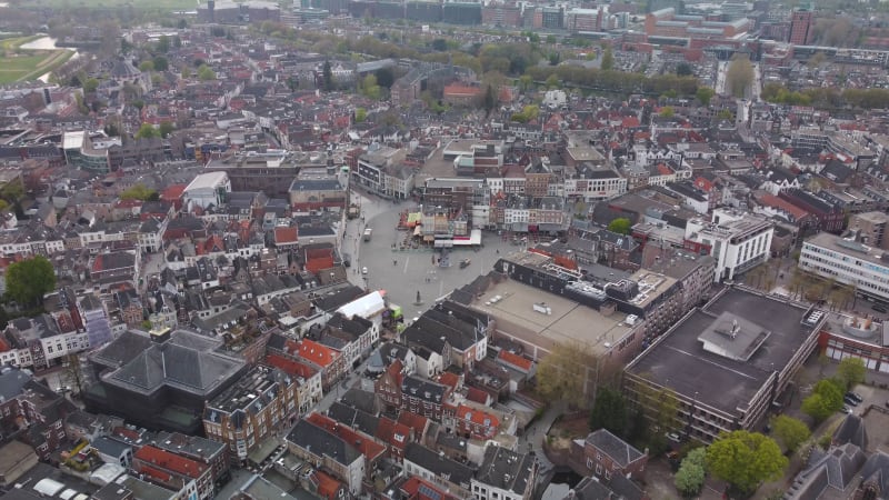 Aerial flyby footage of the Marketplace at sHertogenbosch, Netherlands