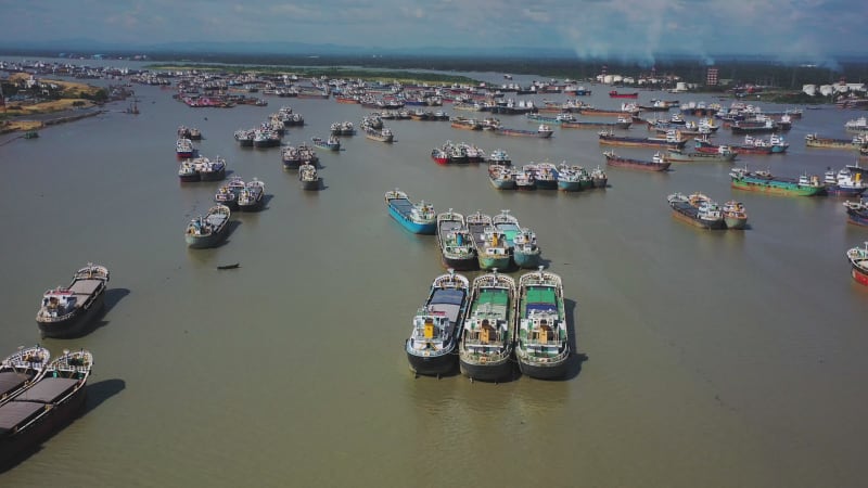 Aerial view of Cargo ships during a cloudy day, Chittagong, Bangladesh.