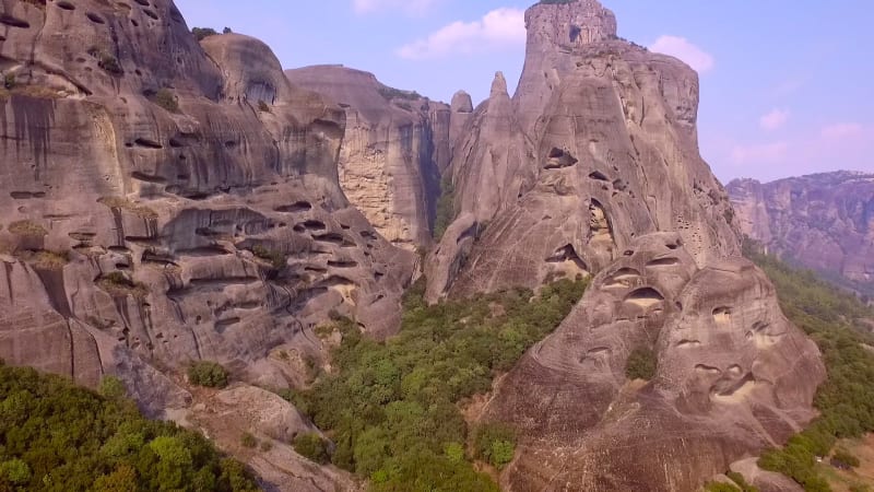 Aerial view of rocks near the Roussanou Monastery in Meteora.