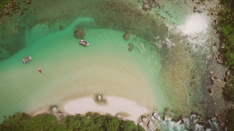 Aerial view of a group doing rafting.