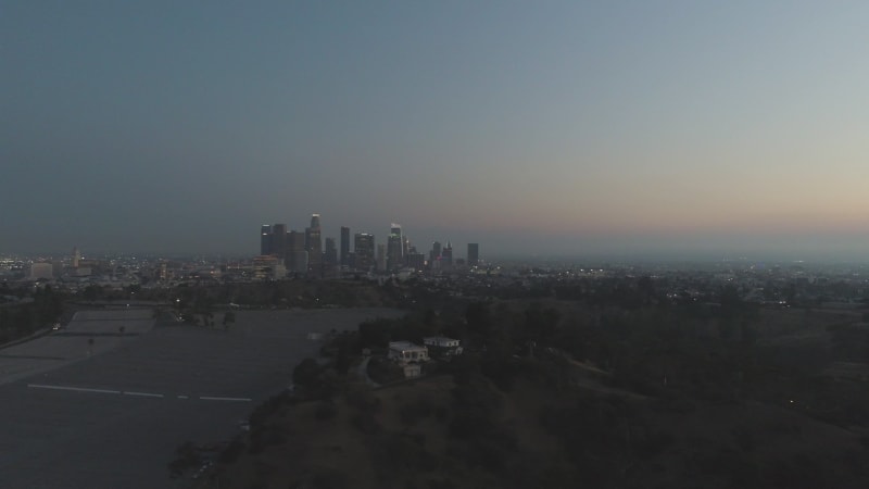 Aerial view of Los Angeles skyline at sunset, California, United States.