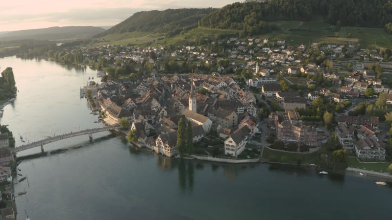 Aerial view of the beautiful town of Stein am Rhein on Rhein riverside.