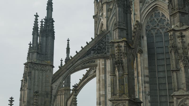 Aerial shot of the Dom Church pillars up close. In Utrecht, the Netherlands