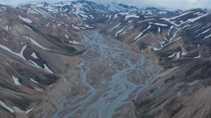 Drone view of Thórsmörk valley with mountains canyon and river in Iceland, Þórsmörk. This valley is named after the Norse God of Thunder Thor, Þór in Icelandic