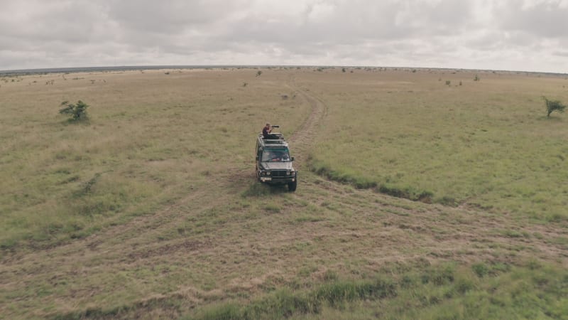 Man taking pictures of African animals on top of safari vehicle