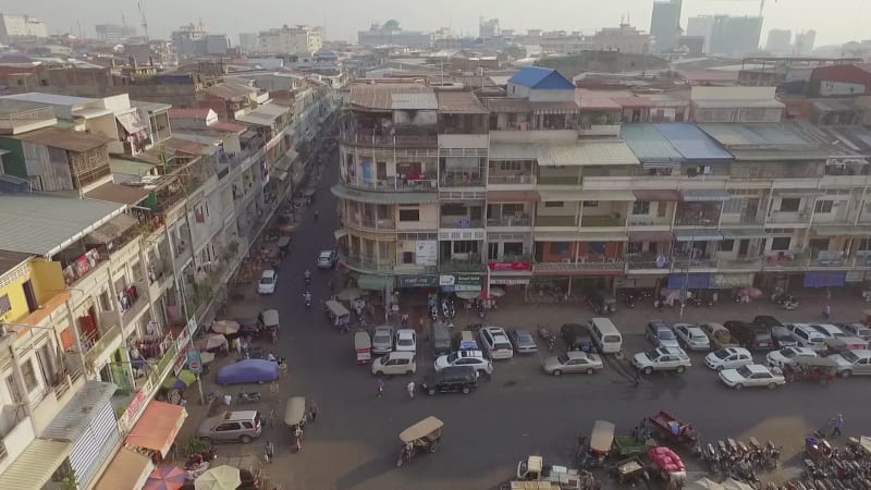 Aerial view of crowded building neighborhood.