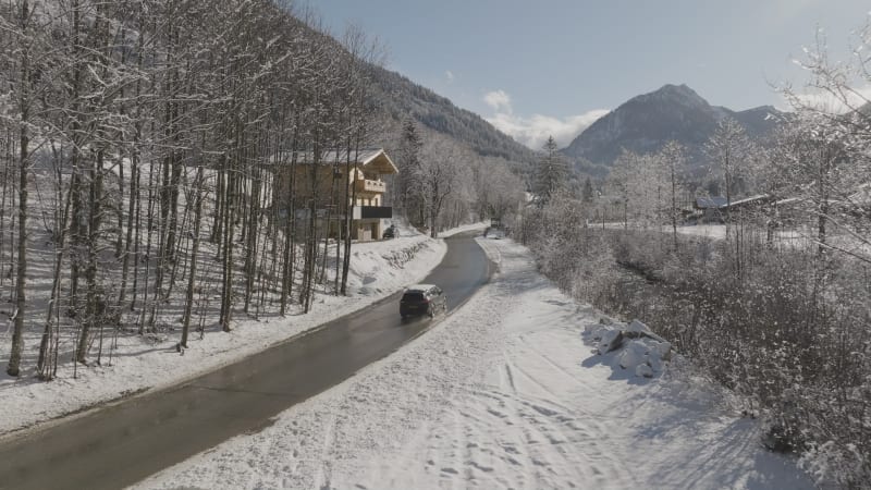 Scenic Drive Along Snowy Road in Flachau, Austria
