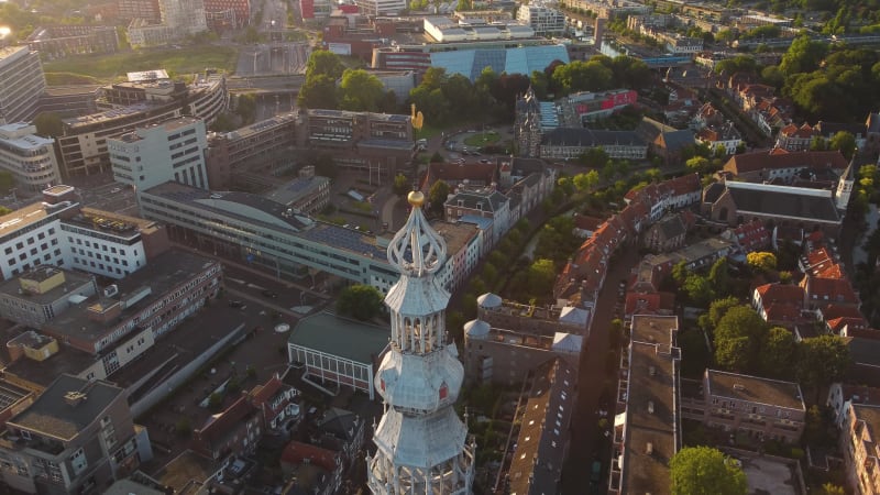 Top of the Onze-Lieve-Vrouwentoren (Tower of Our Lady) and The Elleboogkerk in Amersfoort, Utrecht province, Netherlands.