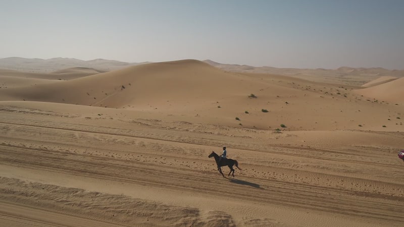 Aerial view of one person riding horse in the desert of Al Khatim.