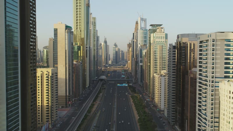 Aerial view of Sheikh Zayed Road, Dubai, United Arab Emirates.