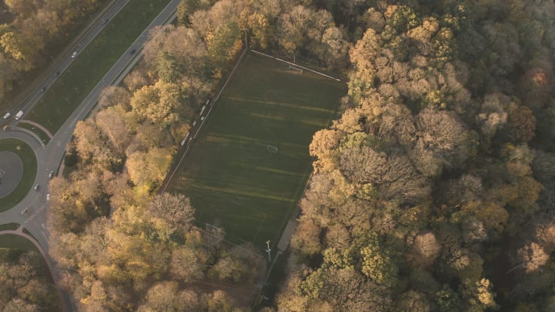 Aerial view of a football field in Tervuren.